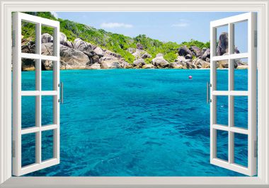 Tranh dán tường cửa sổ 3D bãi biển Maldives