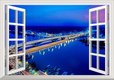 Tranh dán tường cửa sổ 3D cảnh đêm trên thành phố biển
