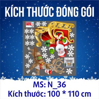 Decal trang trí Noel tuần lộc kéo xe và bông tuyết