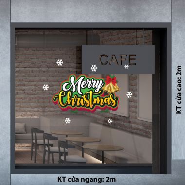 DECAL TRANG TRÍ GIÁNG SINH BẢNG CHỮ MERRY CHIRSTMAS VÀ ĐÔI CHUÔNG TREO