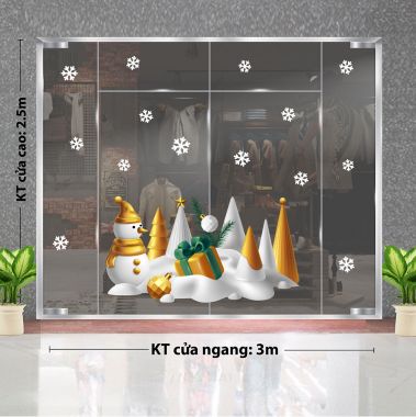 DECAL TRANG TRÍ GIÁNG SINH NGƯỜI TUÝET VÀNG BÊN HÀNG THÔNG