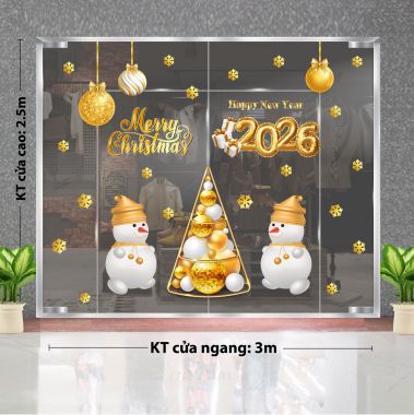 DECAL TRANG TRÍ NOEL CHO TRƯỜNG ILA HAI NGƯỜI TUYẾT BÊN CÂY THÔNG VÀ NHỮNG QUẢ CHÂU VÀNG