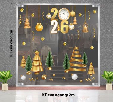 DECAL TRANG TRÍ NOEL CHO TIỆM SPA NHỮNG CÂY THÔNG XANH VÀNG TRANG TRÍ