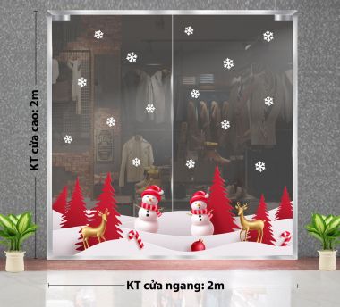 DECAL TRANG TRÍ NOEL NGƯỜI TUYẾT VÀ CÂY THÔNG ĐỎ TRÊN CÁNH ĐỒNG TUYẾT