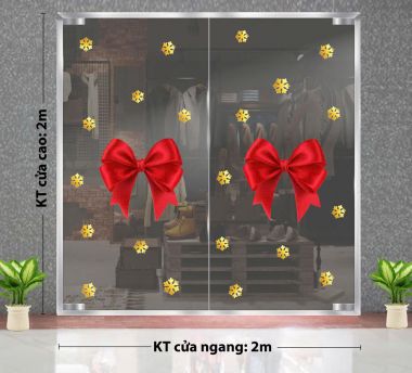 DECAL TRANG TRÍ GIÁNG SINH CẶP NƠ ĐỎ VÀ BÔNG TUYẾT VÀNG