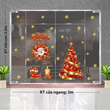 DECAL DÁN KÍNH TRANG TRÍ NOEL CÂY THÔNG VÀ VÒNG NGUYỆT QUẾ ĐỎ