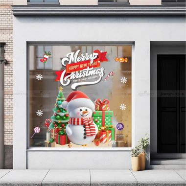 DECAL TRANG TRÍ NOEL NGƯỜI TUYẾT TRẮNG BÊN CÂY THÔNG VÀ HỘP QUÀ