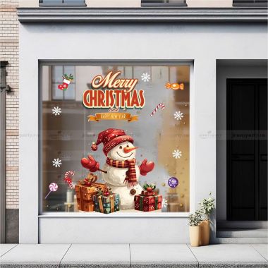 DECAL TRANG TRÍ NOEL NGƯỜI TUYẾT ĐỘI  NÓN ĐỎ DƯỚI TRỜI TUYẾT
