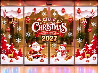 DECAL TRANG TRÍ NOEL CHO NHÀ HÀNG CÂY THÔNG ĐỎ VÀ TUYẾT TRẮNG