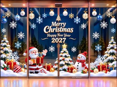 TRANG TRÍ NOEL TRÊN KÍNH CHO SẢNH CHUNG CƯ ÔNG GIÀ NOEL VÀ NGƯỜI TUYẾT