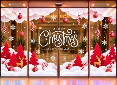 DECAL TRANG TRÍ NOEL CHO NHÀ HÀNG NHỮNG CÂY THÔNG ĐỎ