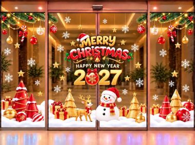 DECAL DÁN KÍNH TRANG TRÍ NOEL DÂY THÔNG XANH VÀ NGƯỜI TUYẾT