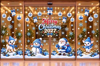TRANG TRÍ NOEL TRÊN KÍNH CHO NGÂN HÀNG TÔNG XANH DƯƠNG ĐẬM
