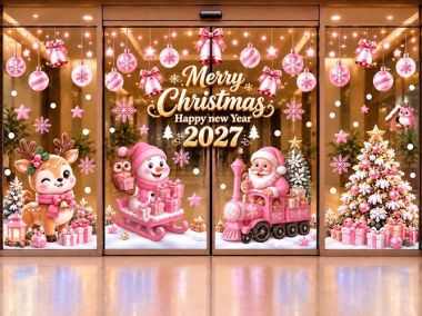 DECAL TRANG TRÍ NOEL CHO SHOP THỜI TRANG SẮC HỒNG NGỌT NGÀO