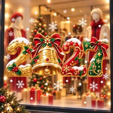 DECAL TĨNH ĐIỆN TRANG TRÍ NOEL CHO QUÁN CAFE 2027 CHUÔNG VÀNG