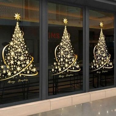 DECAL TĨNH ĐIỆN TRANG TRÍ NOEL CHO CỬA HÀNG CÂY THÔNG NGÔI SAO VÀNG