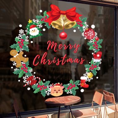 DECAL TRANG TRÍ NOEL VÒNG NGUYỆT QUẾ XANH VÀ CHUÔNG VÀNG