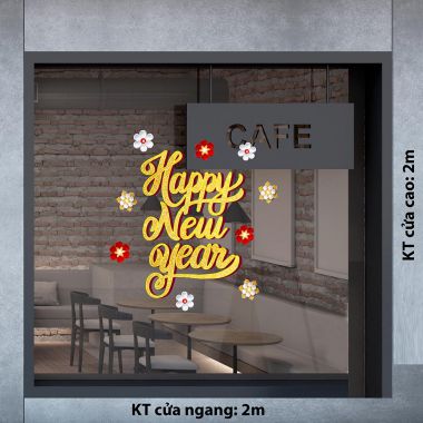 Decal trang trí tết chữ Happy new year vàng