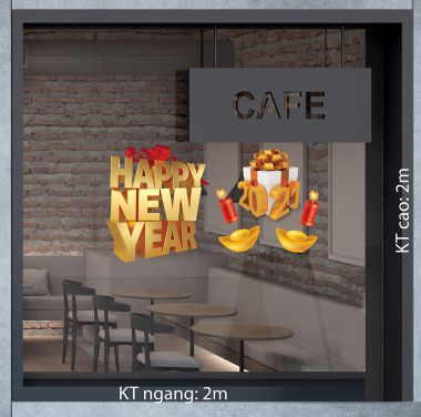 Decal trang trí tết happy new year 2021 3D
