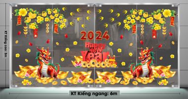 TRANG TRÍ TẾT CHUNG CƯ HAI CÀNH MAI VÀNG VÀ ĐÔI RỒNG HAPPY NEW YEAR 2024