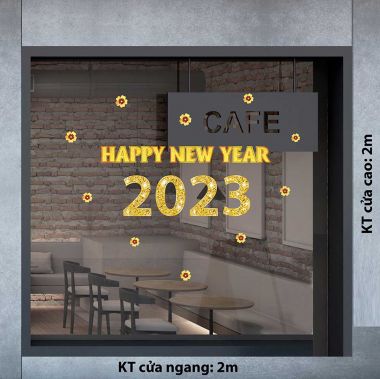 DECAL TRANG TRÍ TẾT HAPPY NEW YEAR 2023 VÀNG