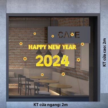 DECAL TRANG TRÍ TẾT BỘ CHỮ HAPPY NEW YEAR 2024 MÀU VÀNG
