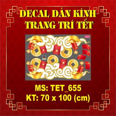 DECAL TRANG TRÍ TẾT CHÂN ĐỒNG TIỀN VÀ THỎI VÀNG VÀ BAO LÌ XÌ