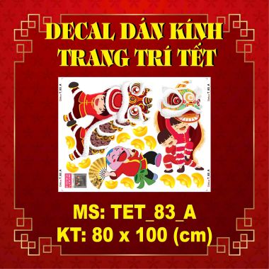 Decal trang trí tết lân cùng ông địa đón xuân