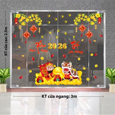 DECAL DÁN KÍNH TRANG TRÍ TẾT THẦN TÀI CHÚC XUÂN BÊN NHÁNH MAI VÀNG
