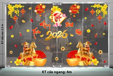 DECAL DÁN KÍNH TRANG TRÍ TẾT 2026 THẦN TÀI CƯỠI NGỰA VÀ ĐÔI QUẠT ĐỎ