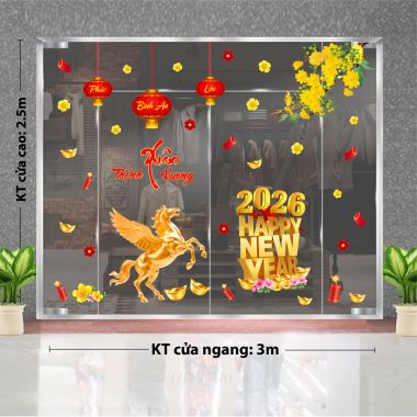 DECAL DÁN KÍNH TRANG TRÍ TẾT HPNY 2026 NGỰA VÀNG CHÀO XUÂN