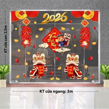 DECAL DÁN KÍNH TRANG TRÍ TẾT ĐÔI LÂN ĐỎ VÀ CÁNH QUẠT XUÂN 2026 XUÂN BÍNH NGỌ
