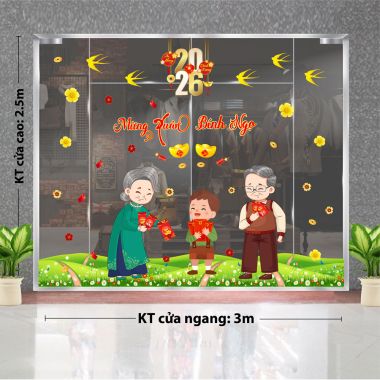DECAL DÁN KÍNH TRANG TRÍ TẾT ÔNG BÀ CHÁU ĐÓN XUÂN TRÊN CÁNH ĐỒNG