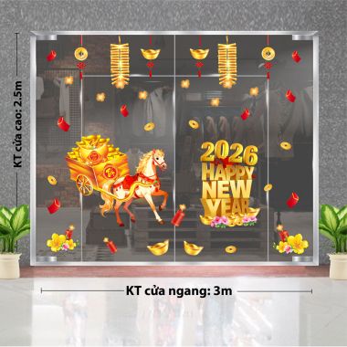 DECAL DÁN KÍNH TRANG TRÍ TẾT HAPPY NEW YEAR 2026 NGỰA KÉO XE VÀNG