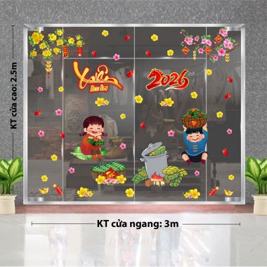 DECAL DÁN KÍNH TRANG TRÍ TẾT HAN BẠN NHỎ BÊN NỒI BÁNH CHƯNG ĐÓN XUÂN 2026