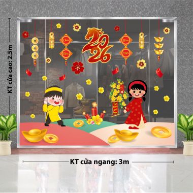 DECAL DÁN KÍNH TRANG TRÍ TẾT HAI BÉ MẶC ÁO DÀI ĐÓN XUÂN 2026