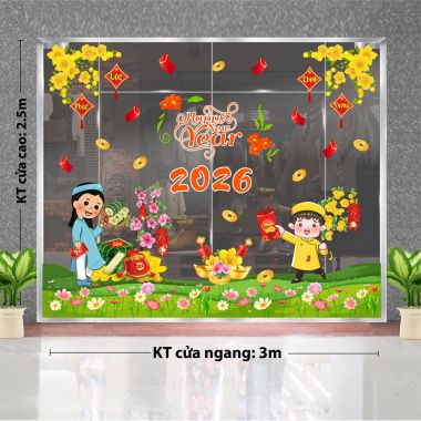 DECAL DÁN KÍNH TRANG TRÍ TẾT BÉ VUI VUÂN TRÊN CÁNH ĐỒNG HOA CỎ