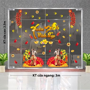 DECAL DÁN KÍNH TRANG TRÍ TẾT ĐÔI NGỰA CHÚC XUÂN VÀ HAI PHONG PHÁO ĐỎ