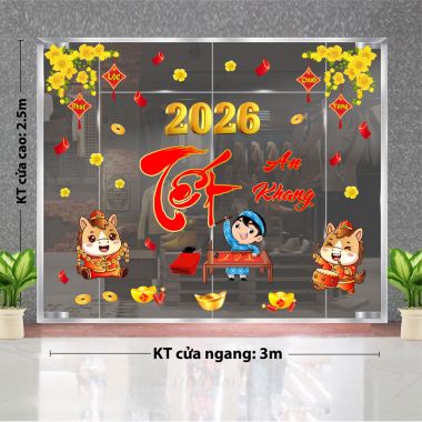 DECAL DÁN KÍNH TRANG TRÍ TẾT ỔNG ĐỒ DƯỚI MAI VÀNG MỪNG XUÂN BÌNH NGỌ 2026