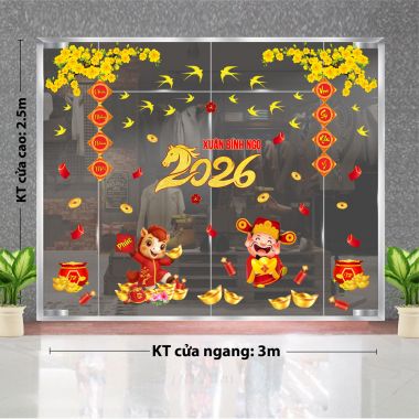 DECAL DÁN KÍNH TRANG TRÍ TẾT HAI NHÁNH MAI VÀNG VÀ LIỄN XUÂN MỪNG XUÂN BÍNH NGỌ