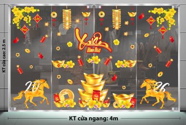 DECAL DÁN KÍNH TRANG TRÍ TẾT CHO TIỆM VÀNG SẮC VÀNG ĐÓN XUÂN 2026