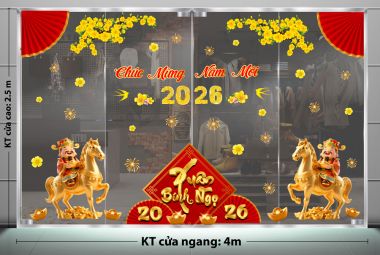 DECAL DÁN KÍNH TRANG TRÍ TẾT THẦN TÀI CƯỠI NGỰA ĐÓN XUÂN VỀ 2026