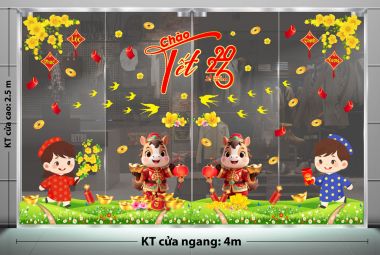 DECAL DÁN KÍNH TRANG TRÍ CHO SẢNH CHUNG CƯ CHÀO TẾT 2026 ĐÔI BÉ CHÚC XUÂN BÍNH NGỌ