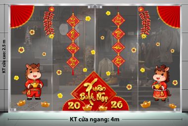 DECAL DÁN KÍNH TRANG TRÍ TẾT CHO CÔNG TY XUÂN BÍNH NGỌ SẮC ĐỎ SUNG TÚC