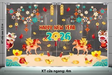 DECAL TRANG TRÍ TẾT CHO NHÀ HÀNG SẮC XUÂN VUI TƯƠI XUÂN BÌNH NGỌ