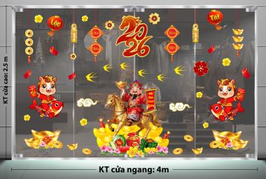 DECAL DÁN KÍNH TRANG TRÍ TẾT CHO NGÂN HÀNG SẮC ĐỎ MAY MẮN TẾT BÍNH NGỌ 2026