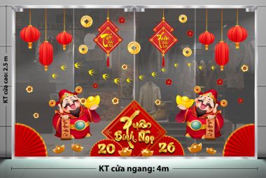 DECAL TRANG TRÍ TẾT CHO CÔNG TY THẦN TÀI VÀ LỒNG ĐÈN ĐỎ XUÂN BÍNH NGỌ 2026