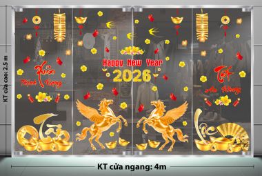 DECAL DÁN KÍNH TRANG TRÍ TẾT CHO KHÁCH SẠN ĐÔI NGỰA VÀNG MANG TÀI LỘC NĂM 2026