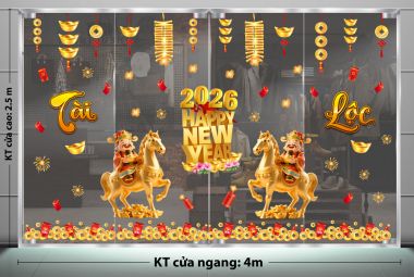 DECAL TRANG TRÍ TẾT CHO CÔNG TY THẦN TÀI CƯỠI NGỰA RƯỚC TÀI LỘC 2026