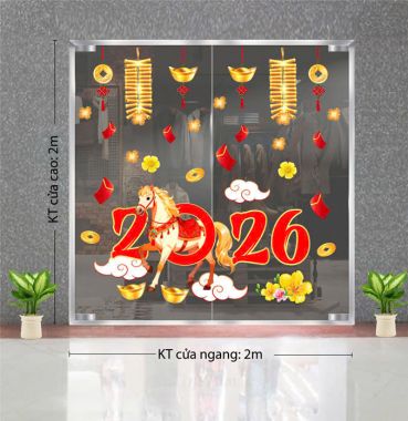 DECAL DÁN KÍNH TRANG TRÍ TẾT 2026 BÍNH NGỌC VÀ DÂY PHÁO VÀNG